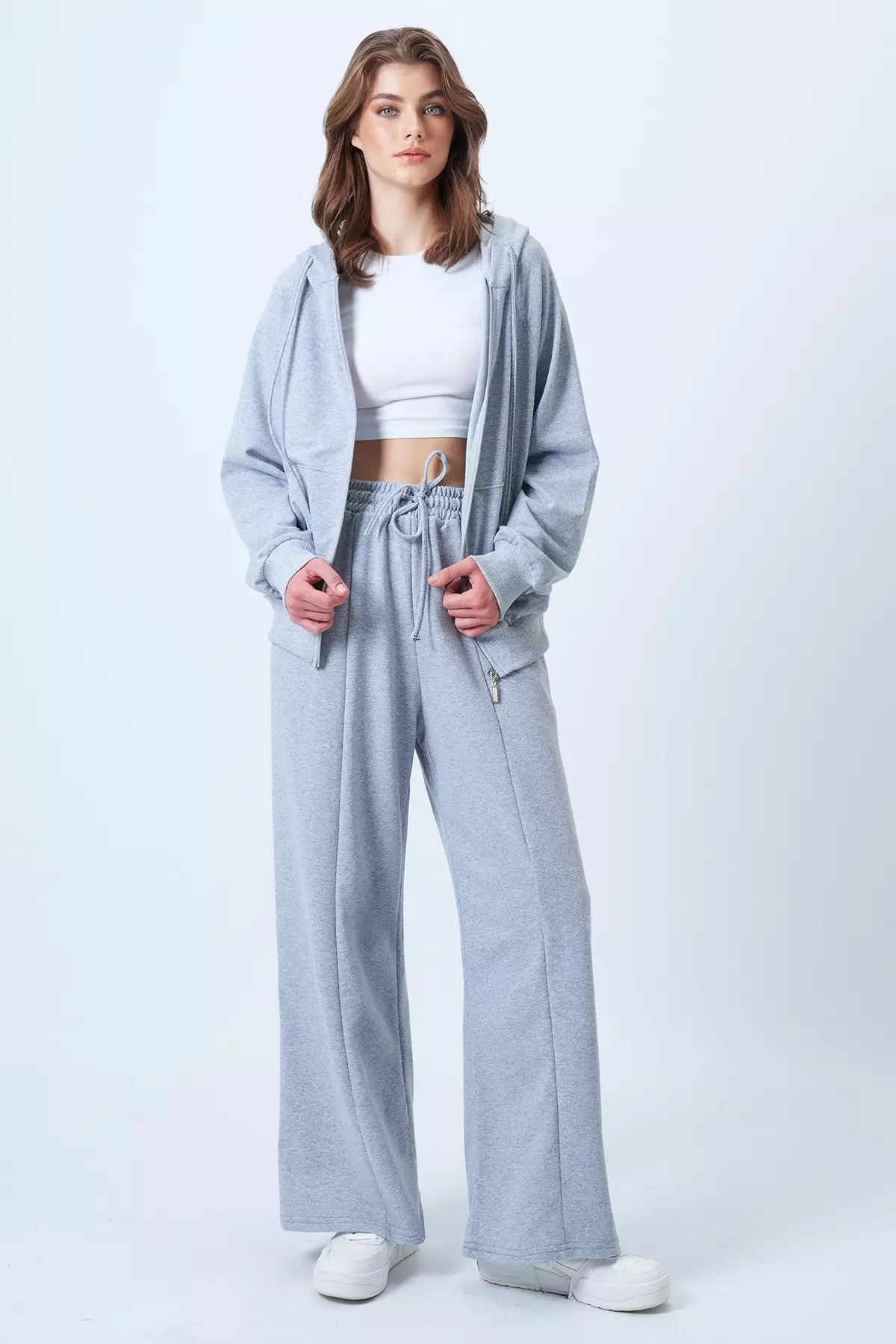 Grimelanj Hooded Zippered Jacket And High-Waisted Wide-Leg Pants Set Alc-X14606
