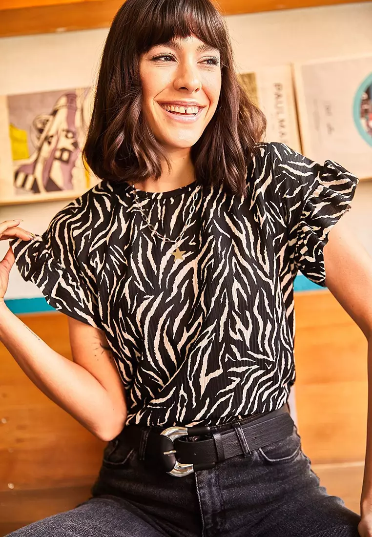 Black Zebra Sleeve Frilly Camisole T-Shirt