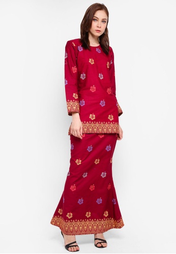 Cotton Modern Kurung With Songket Print (BRaya) from Kasih in Red and Multi