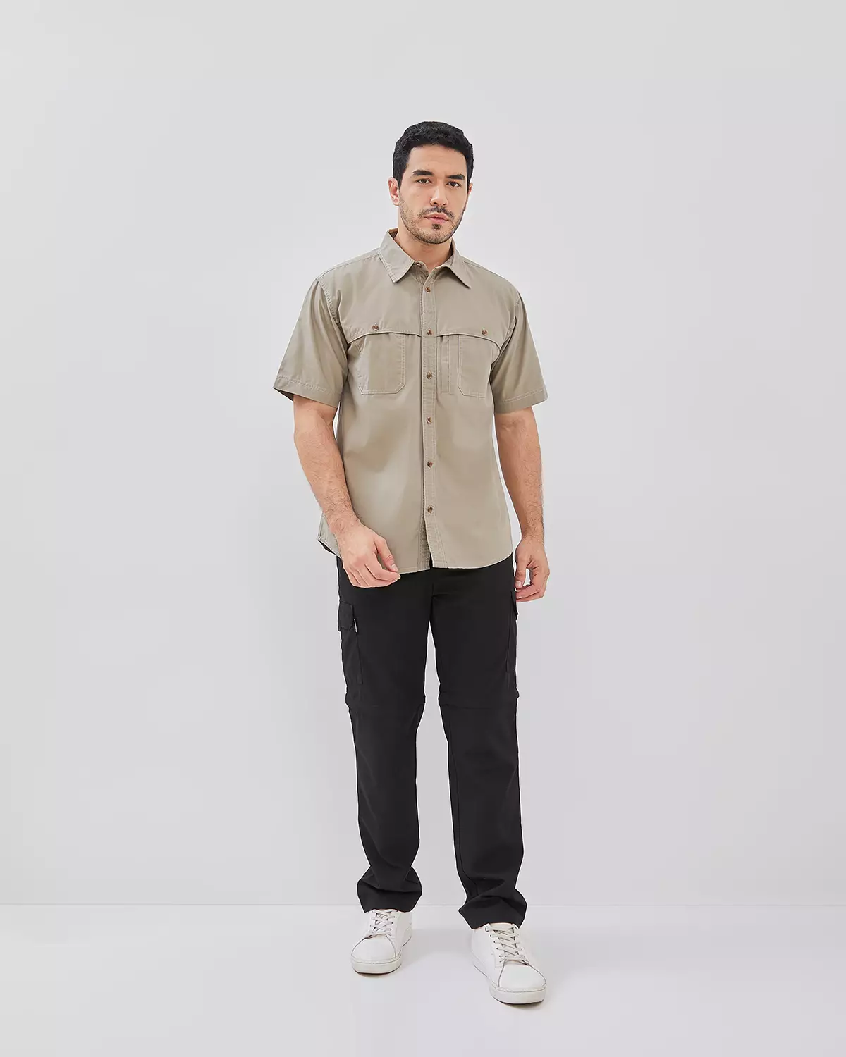 REGULAR SHORT SLEEVE DOUBLE POCKET COTTON CREAM SHIRT