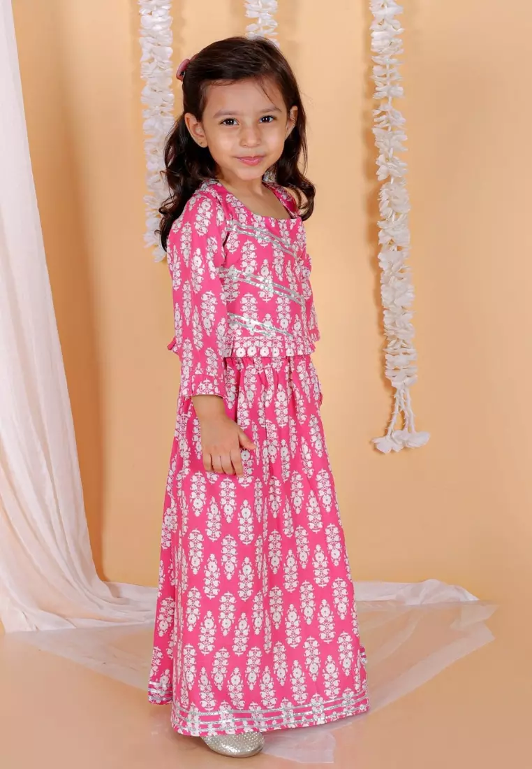 Pure Pink Floral Print Girls Lehenga Set