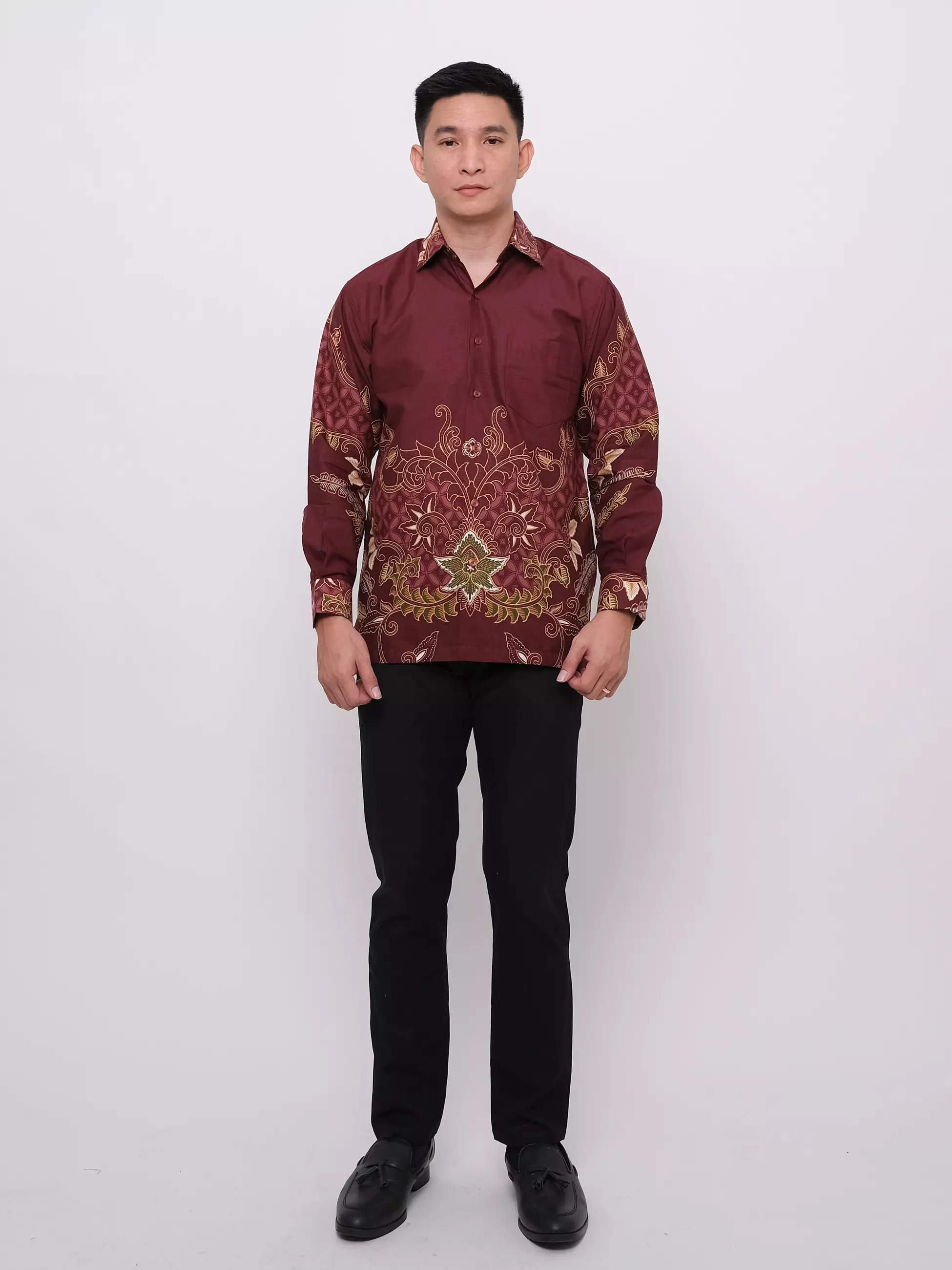 Andre Michel Kemeja Batik Lengan Panjang Maroon Motif Kembang 16745