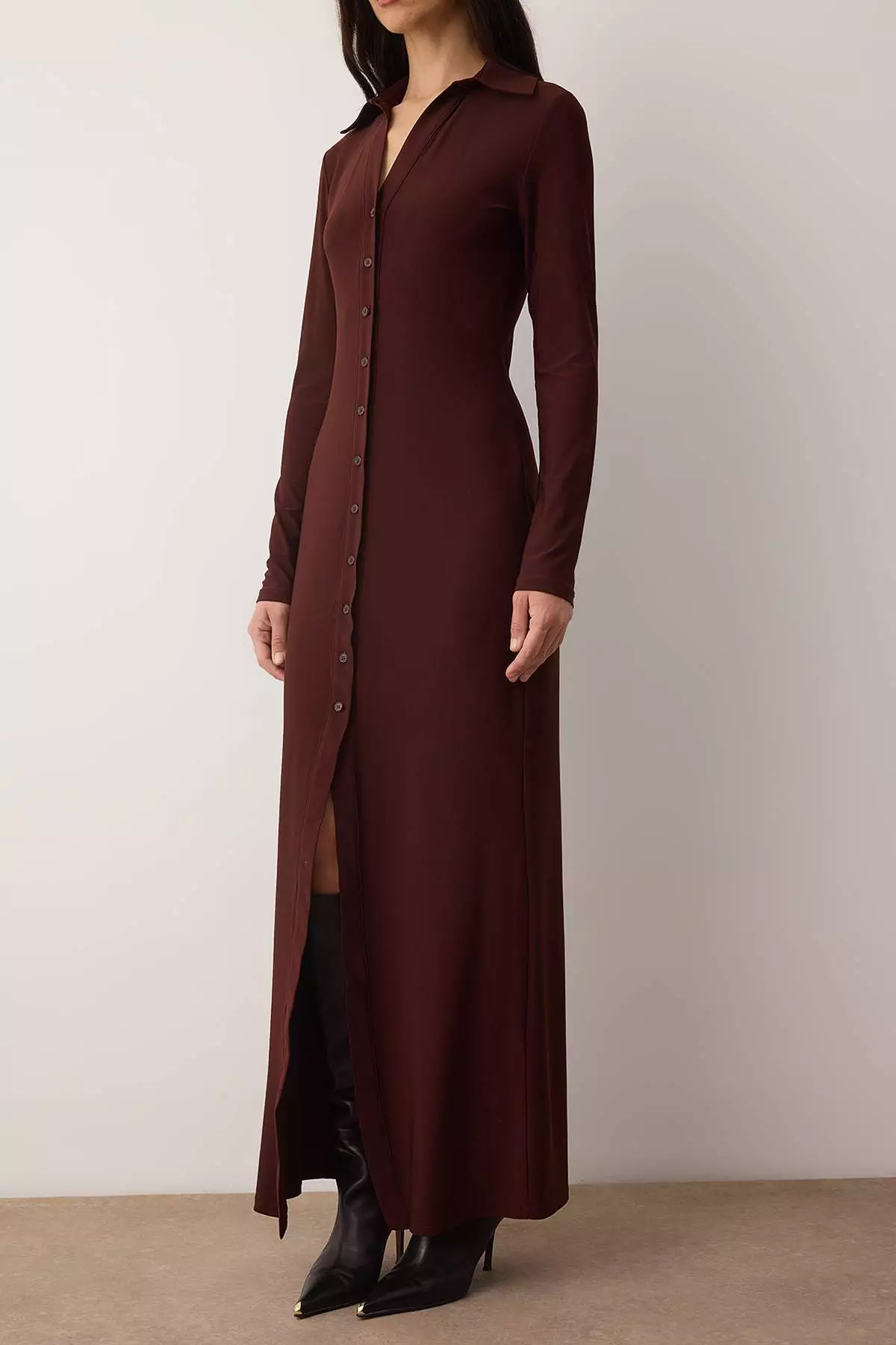 Brown Polo Collar Buttoned Bodycone/Fitted Maxi Knitted Dress Twoaw26El11