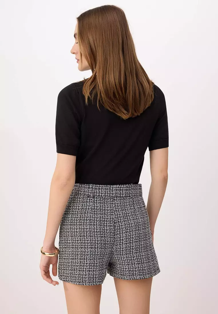 Black-Multicolored Belted Tweed Mini Shorts Skirt Twoss26Sr9