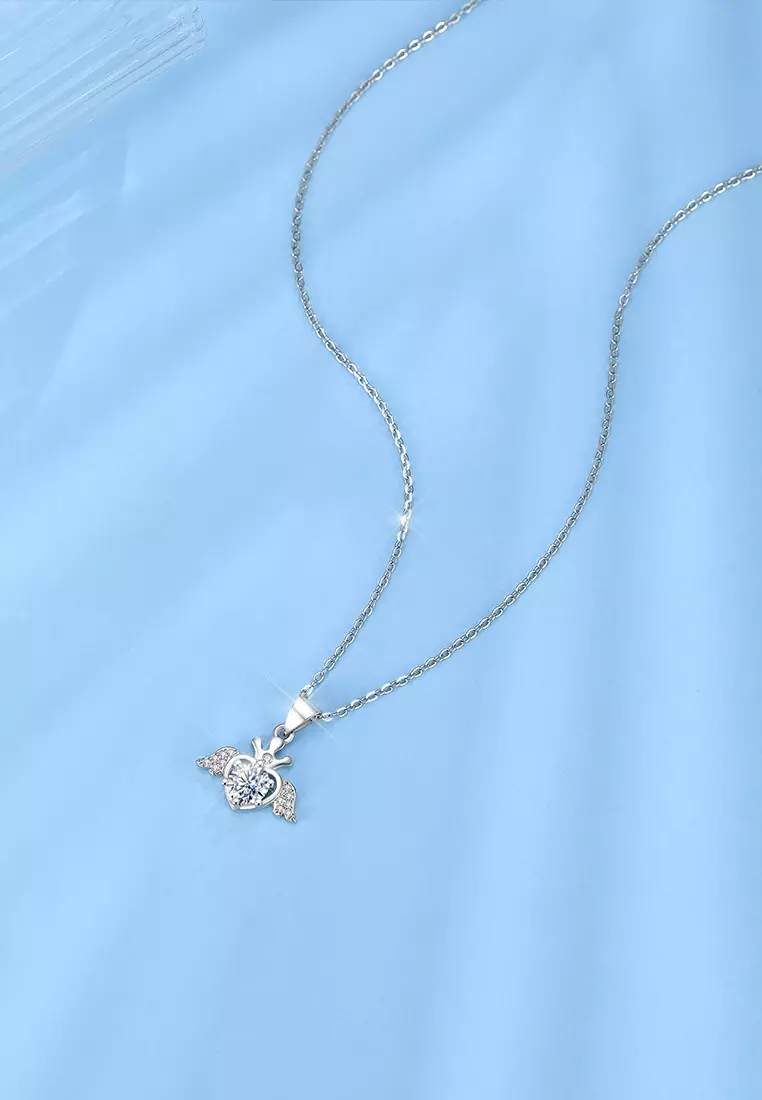 Kalung Wanita Korea Fashion Berlian Angel Heart Crown Pendant Zircon Titanium Anti Pudar Kalung Cewek Original N015