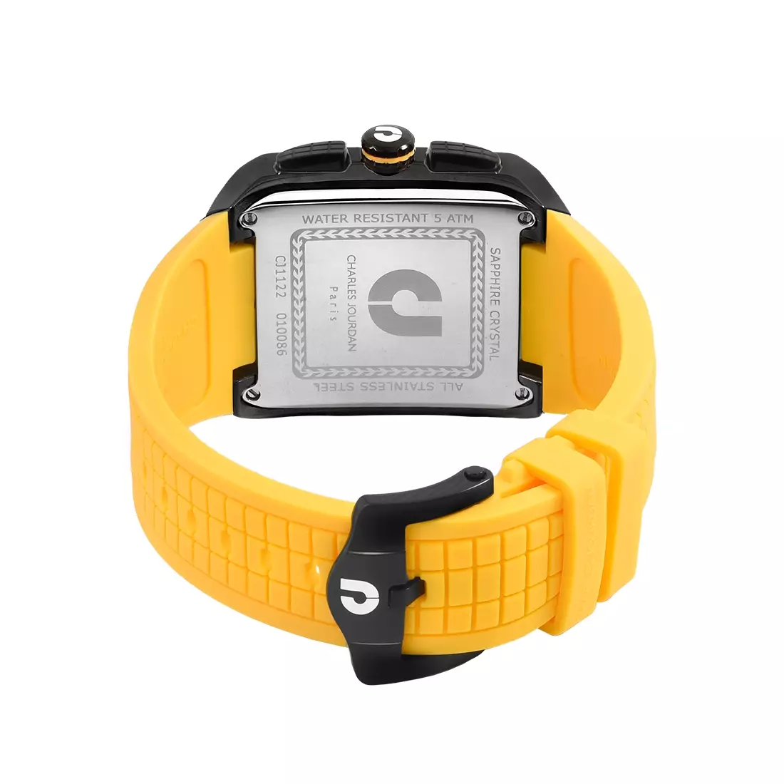 Jam Tangan Pria Charles Jourdan Ludis Square Quartz Black Yellow Silicone Strap CJ1122-1722C Original
