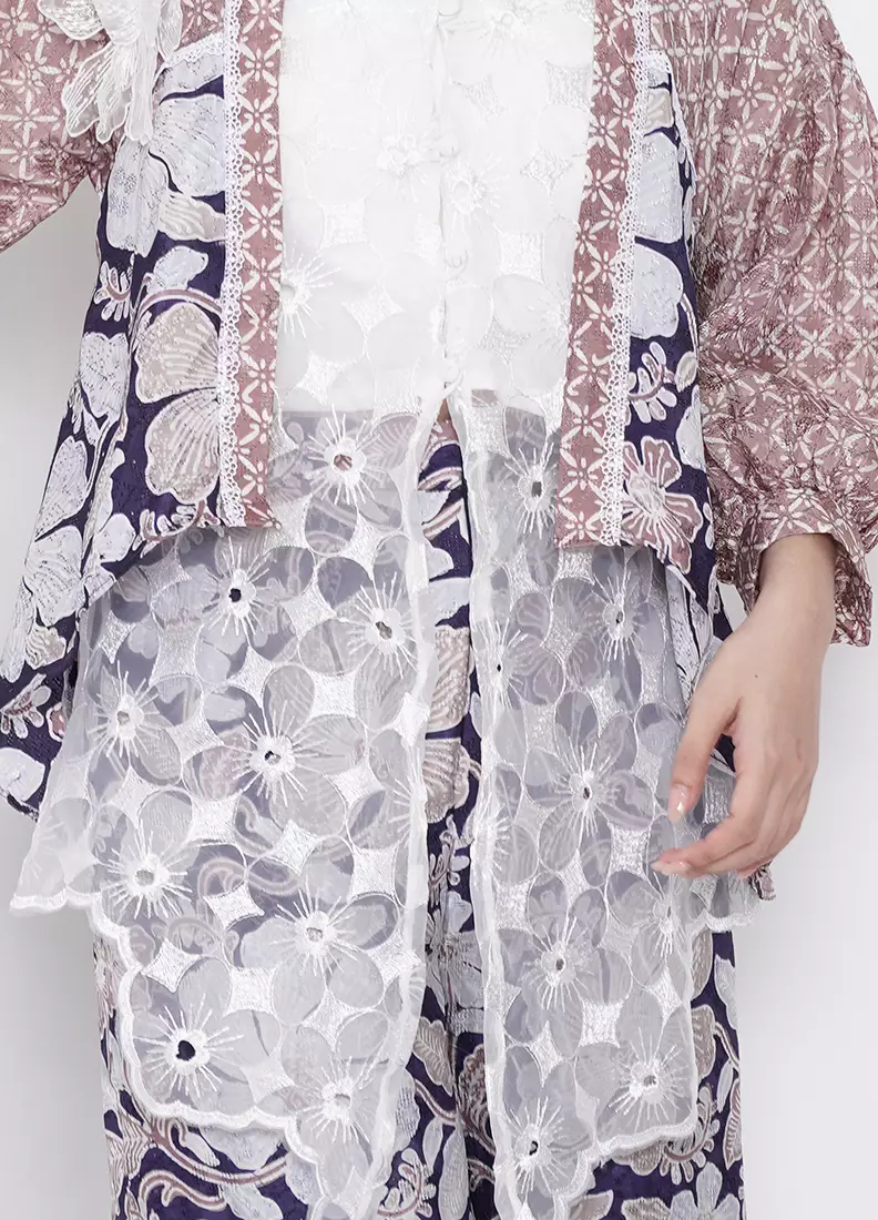 Setelan Batik Cap Atasan Outer Cardigan dan Celana Kulot Wanita Arumi Merona Spesial JFW Collection Rumi Blue Brown [TANPA INNER]