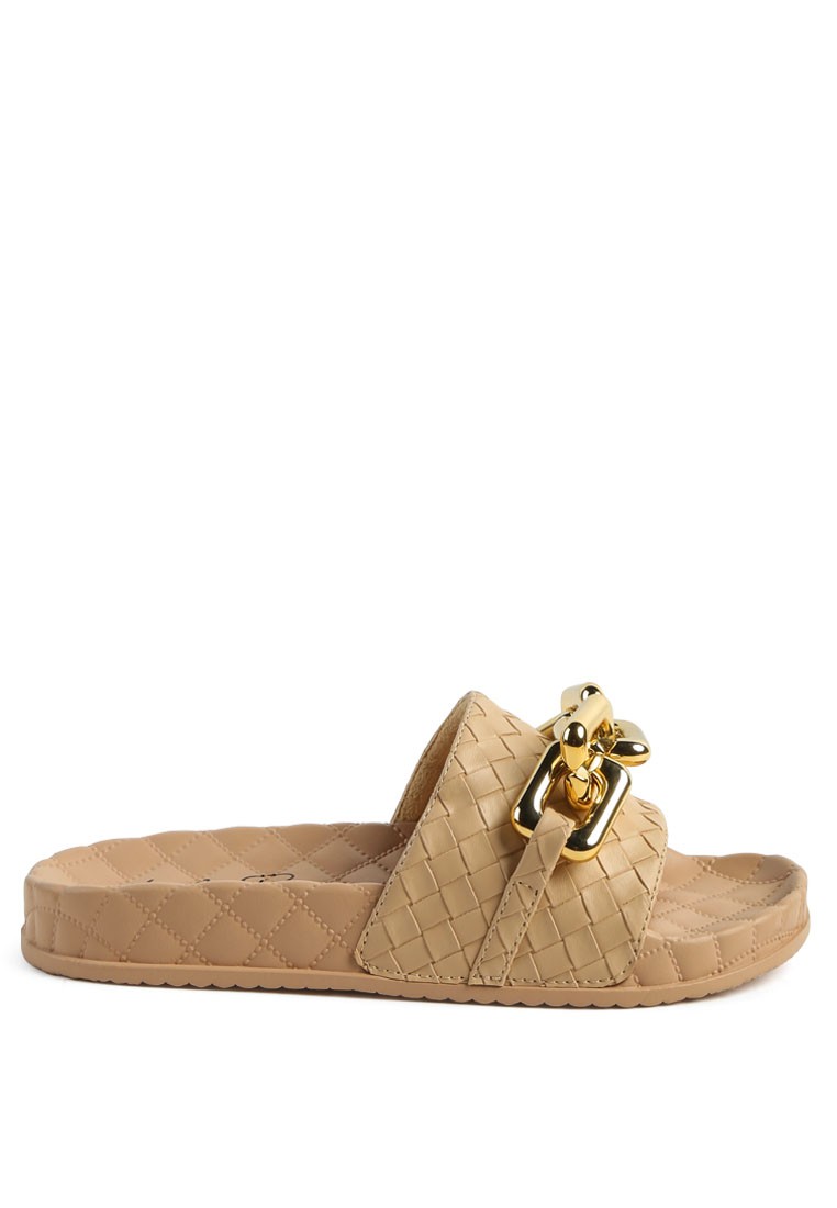 Latte Bling Chain Strap Woven Slip On Flats