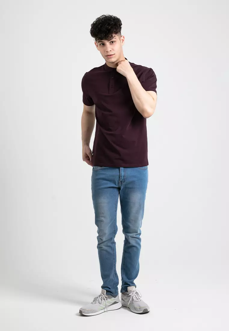 Forest Premium Weight Cotton Stretchable Mandarin Collar T Shirt Men Slim Fit Tee 23856-70DkPurple