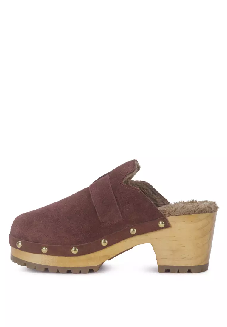 Brown Buckled Suede Round Toe Mule Clogs