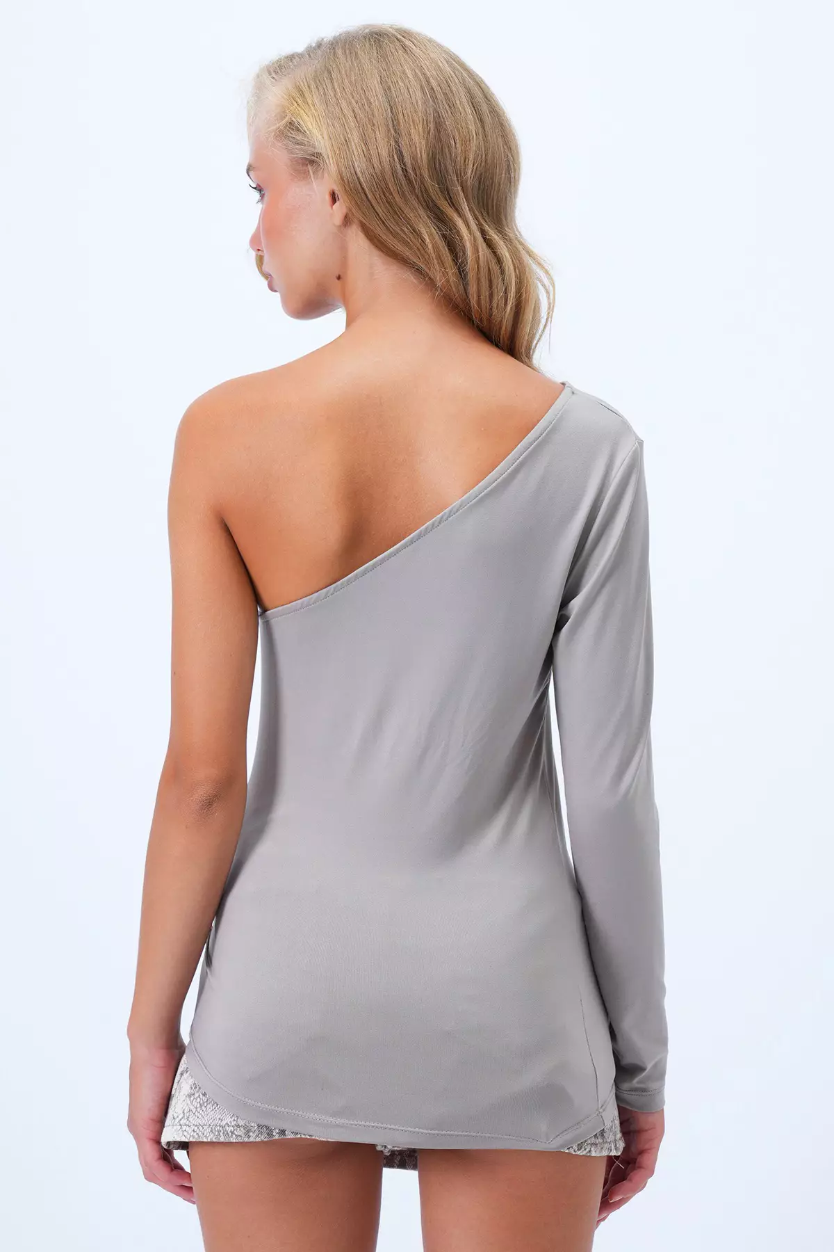 Women's Gray Waist Draped Accessory Detailed Single Sleeve Sandy Blouse Alc-X14414