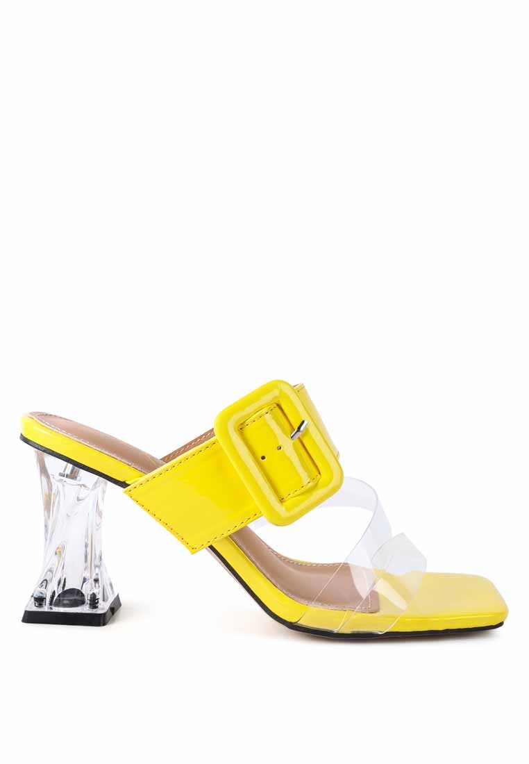 Yellow Printed Clear Heel Slide Sandals