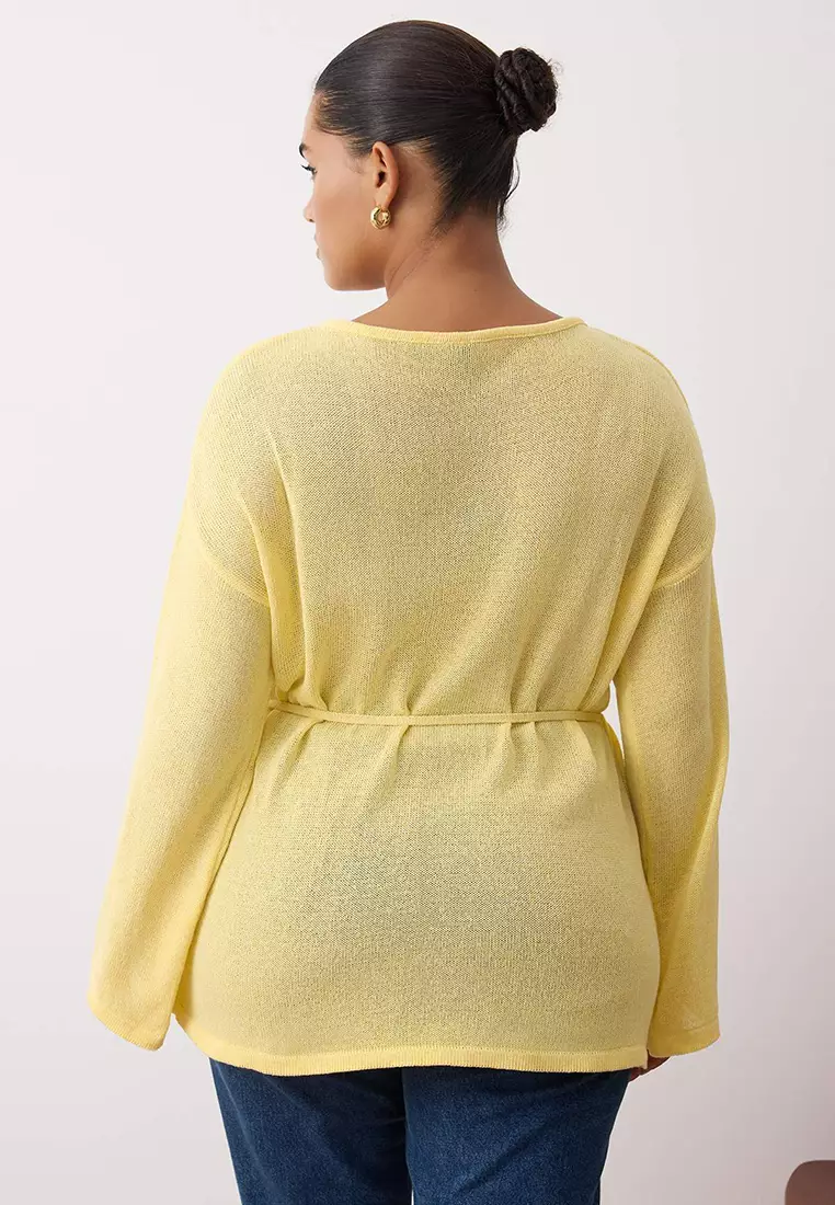 Yellow Boat Neck Waist Belted Slim Knitwear Sweater Tbbaw26An00036