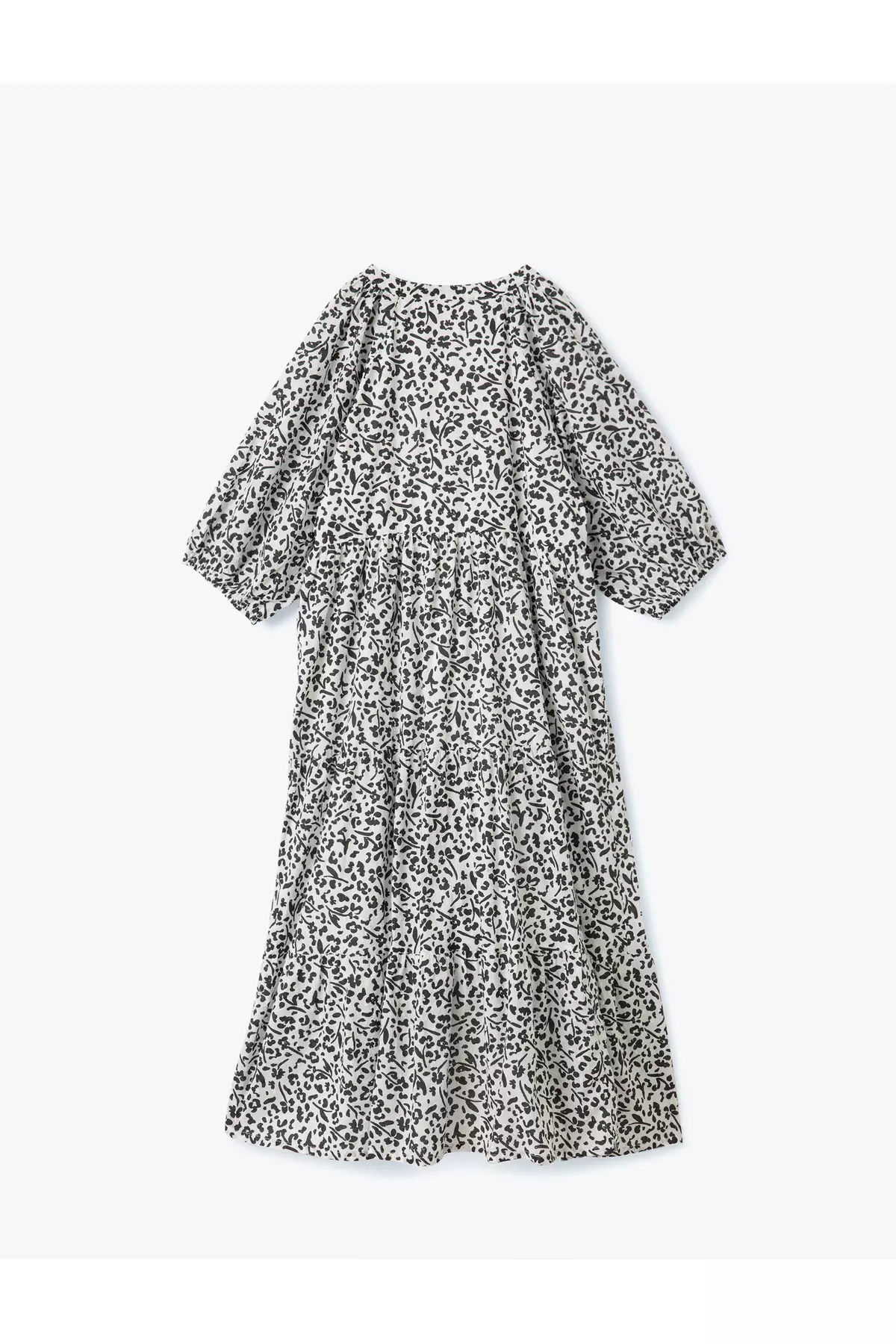 棉質內襯中式領燈籠袖長款花卉連身裙