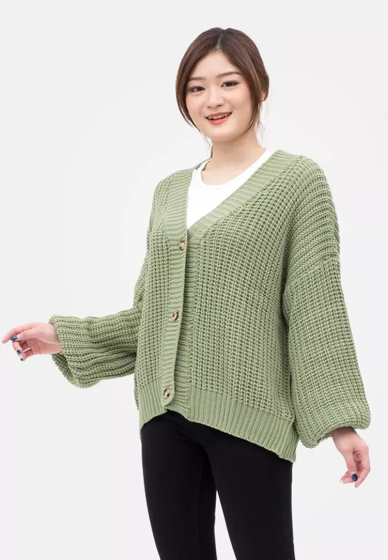 Button Puff Sleeve Knit Cardigan in Green
