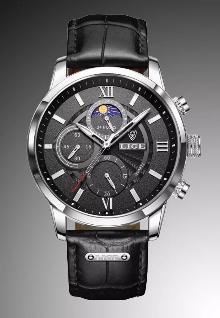 Chronograph, Unisex, Stainless Steel Quartz Watch 43mm, Black dial, on Black Leather Strap