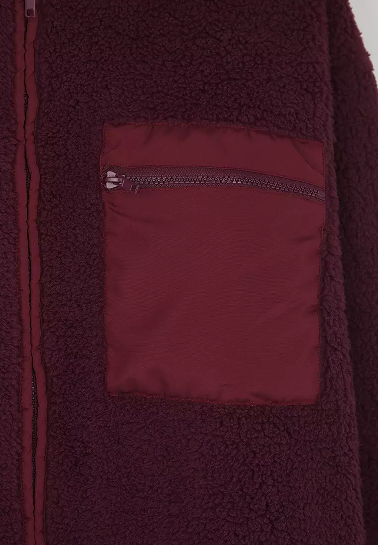 Winter Essentials Plum Fleece Zippered Stand-Up Collar Pocket Detailed Knitted Sweatshirt Twoaw24Sw00071