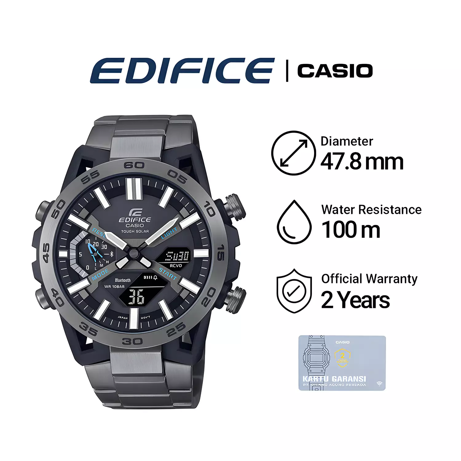 Casio Edifice Sospensione ECB-2000DC-1A Tough Solar Jam Tangan Analog Digital Pria - Carbon Case - Black Stainless Steel Band