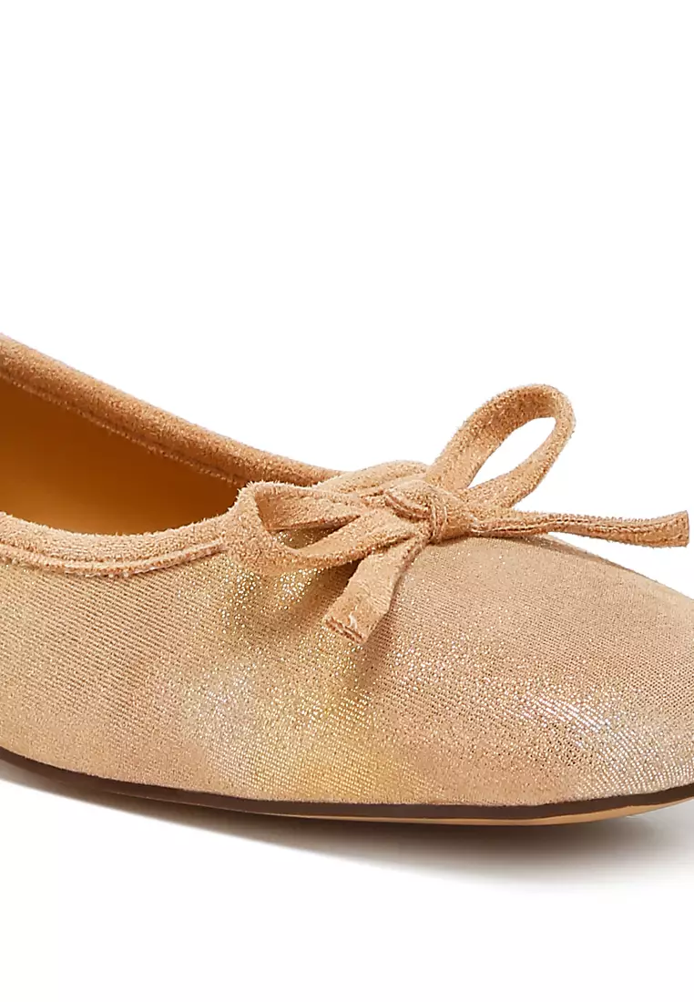 Beige Suede Bow Embellished Ballerinas