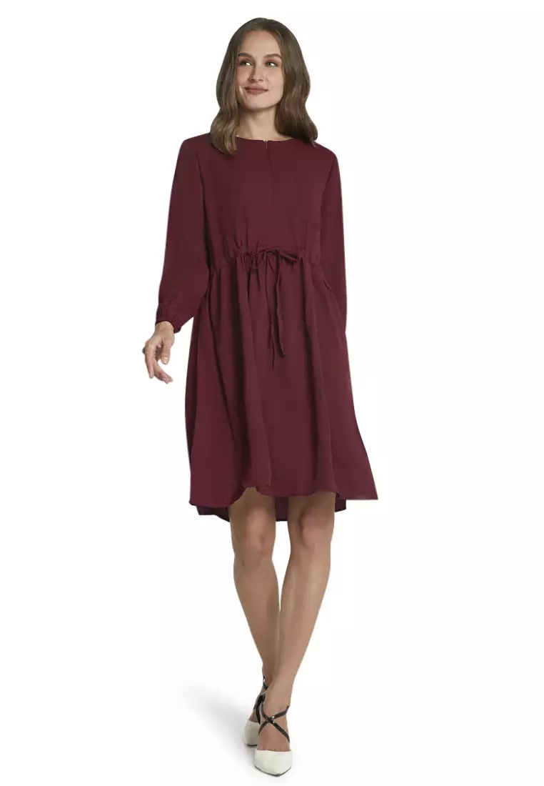 Leyna Mini Dress Wanita Long Sleeves Motif Solid Design Casual Regular Fit - Maroon