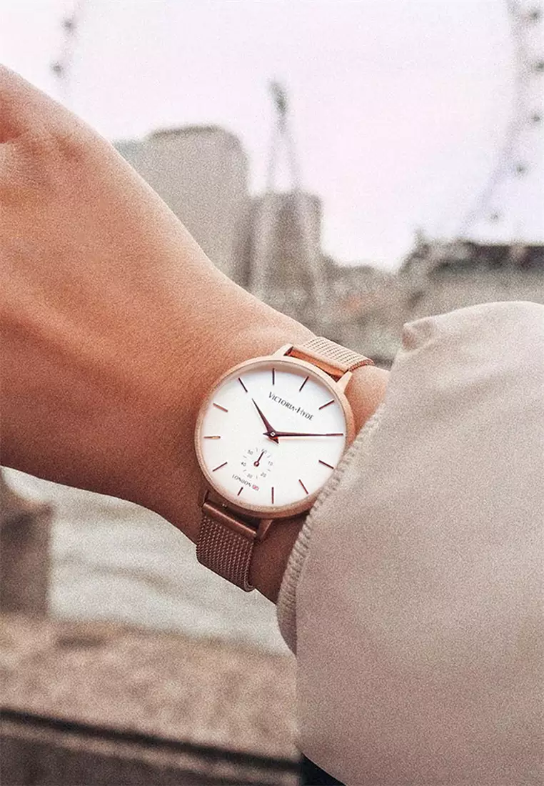 女士休閑手表 34mm白色圓形表盤 獨立秒針 玫瑰金不鏽鋼編織表帶-玫瑰金