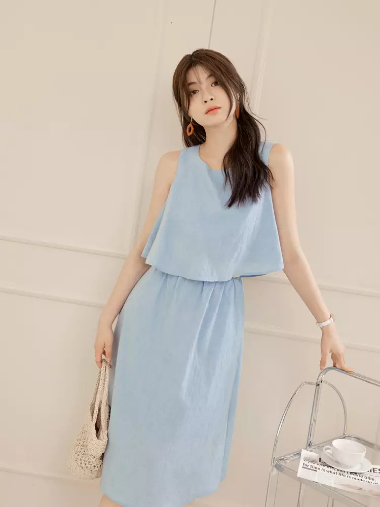 Faux two-piece cotton-linen sleeveless dress [DA10114]