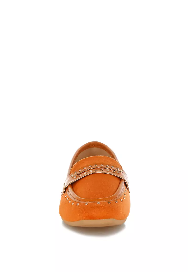 Penny Strap Studded Loafers In Tan