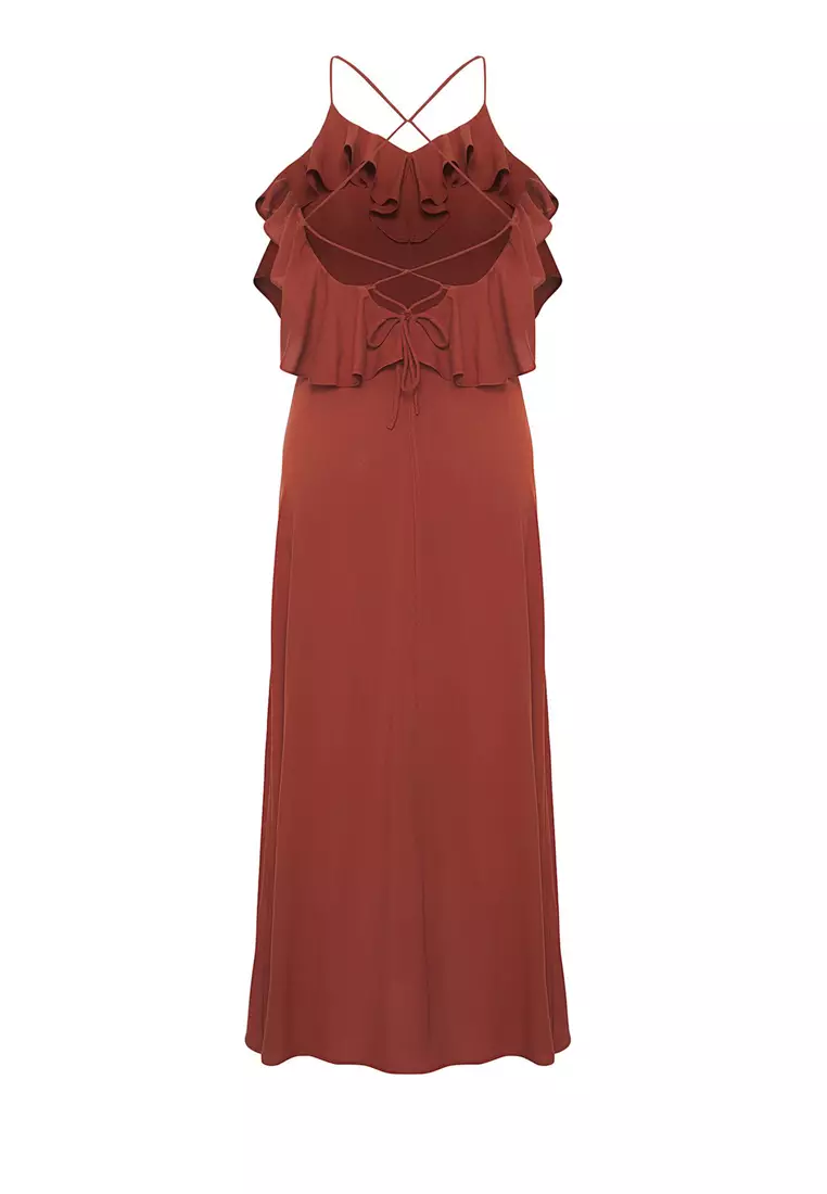 Dark Brown Maxi Woven Backless Beach Dress Tbess19Wy0004