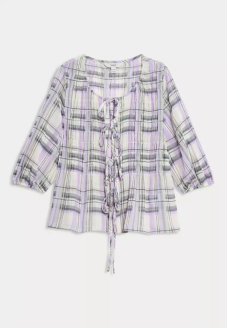 Shirred Tie Front Blouse