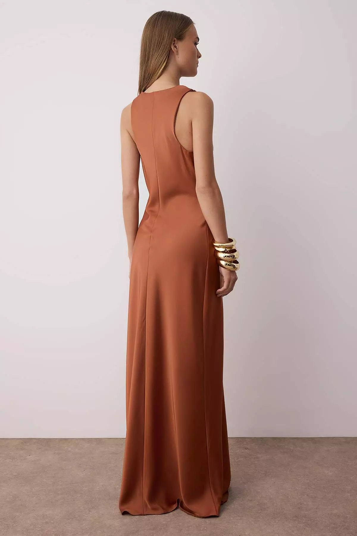Brown Body Fitting Satin Maxi Evening Dress