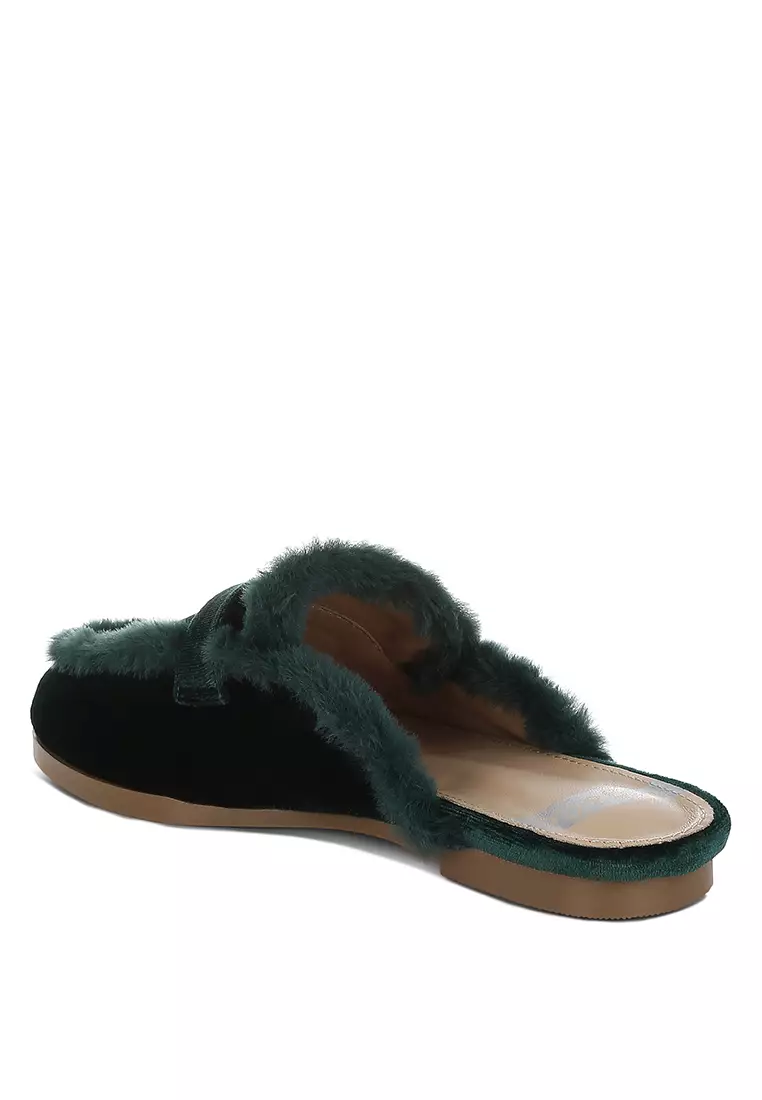 Fur Detail Velvet Slip-On Mules in Bottle Green