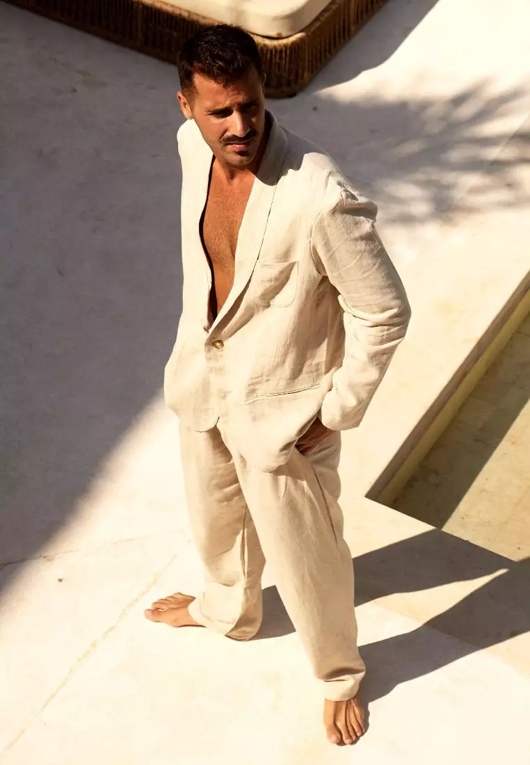 Sand Setelan Blazer Celana Linen Pria Cream - Linen Blazer Set for Men Cream