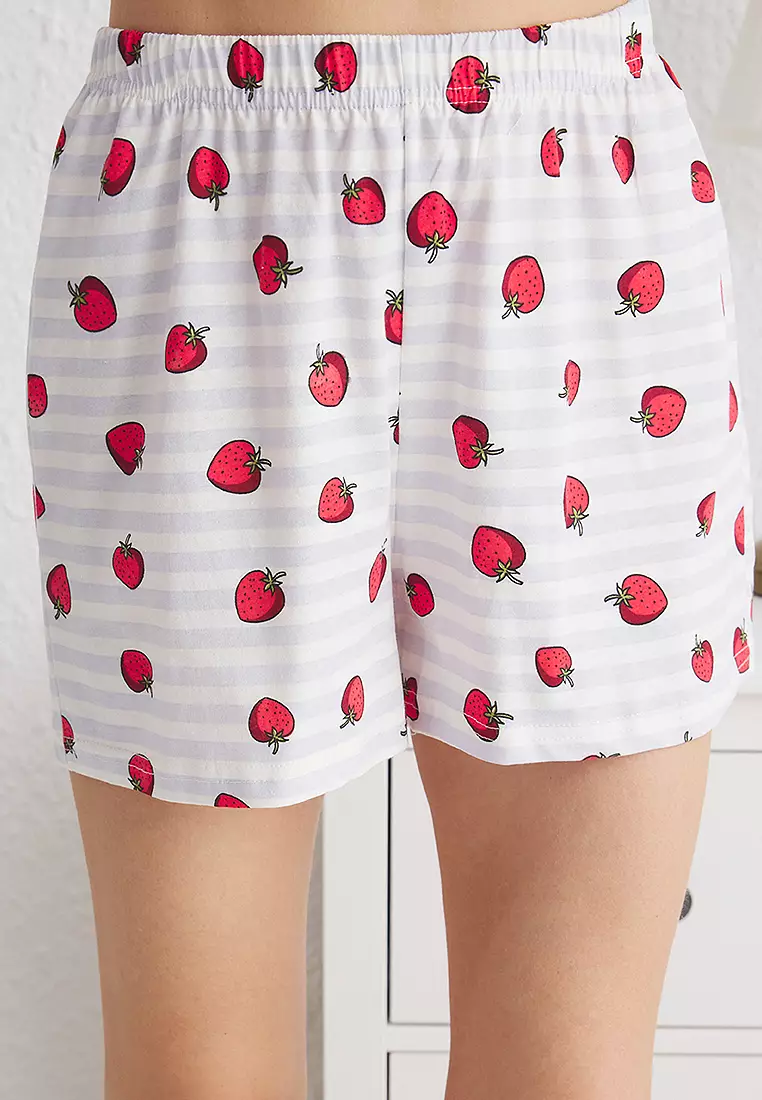 Multicolor Striped And Strawberry Patterned Shorts Knitted Pajama Set