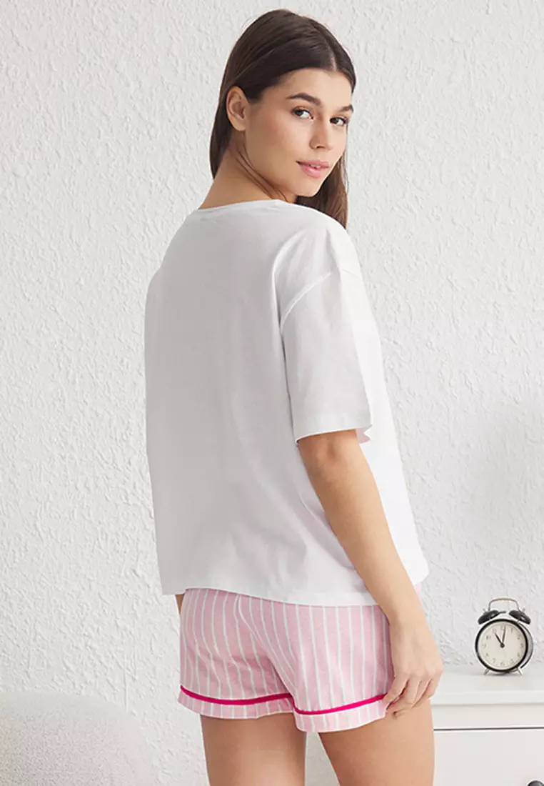 White-Pink Striped Printed Shorts Knitted Pajama Set