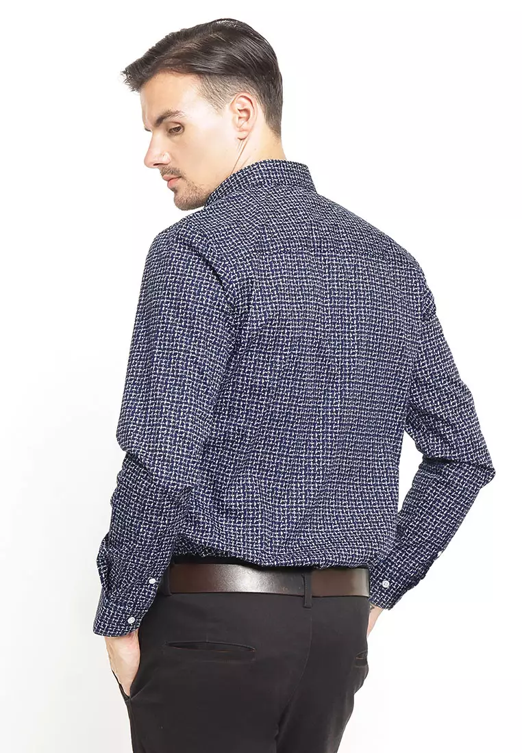 Johnwin - Slim Fit - Kemeja Formal - Print Pattern - Navy