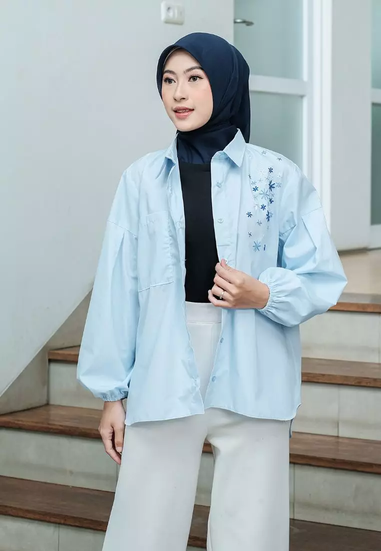 Donia Embrodery Top Powder Blue - Blouse Atasan Wanita