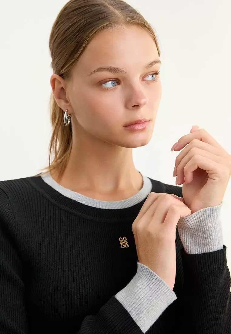 Ribbed Long Sleeve Knit Top - Black