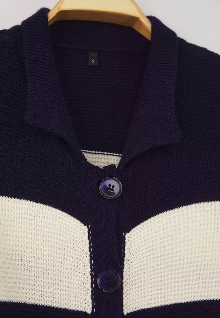 Teen Navy Blue Striped Polo Neck Knit Cardigan