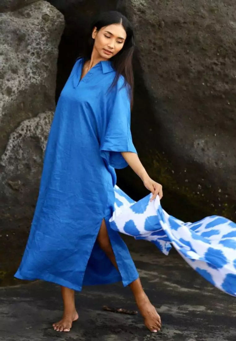 Sharjah Dress Kaftan Linen Wanita Biru | Linen Kaftan Dress Women Blue