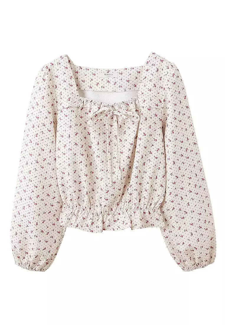 Romantic Floral Smocked Crop Blouse with Square Neck and Puff Long Sleeves [AB19913]