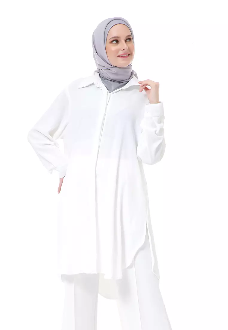 Azzahra Tunik Panjang Muslimah Wanita Long Sleeve Regular Fit Premium High Quality - White
