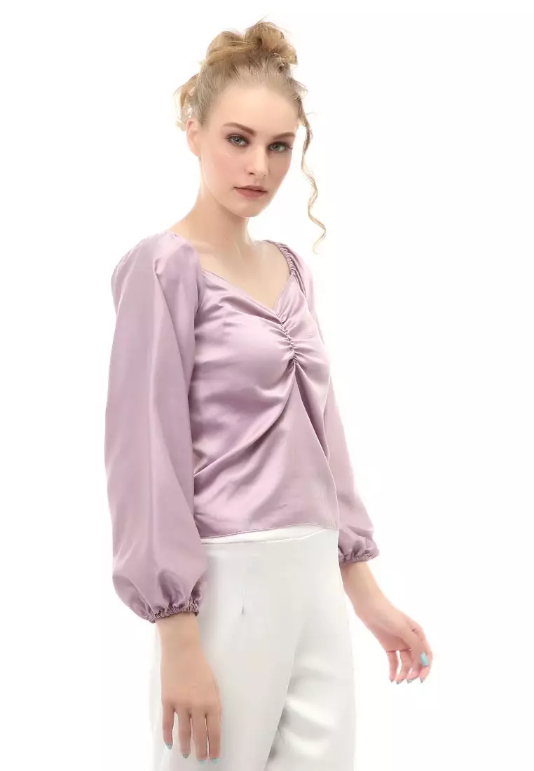 Cheva Blouse Casual Wanita Sabrina Kerut Dada Lengan Panjang Material Satin ORIGINAL - Lilac