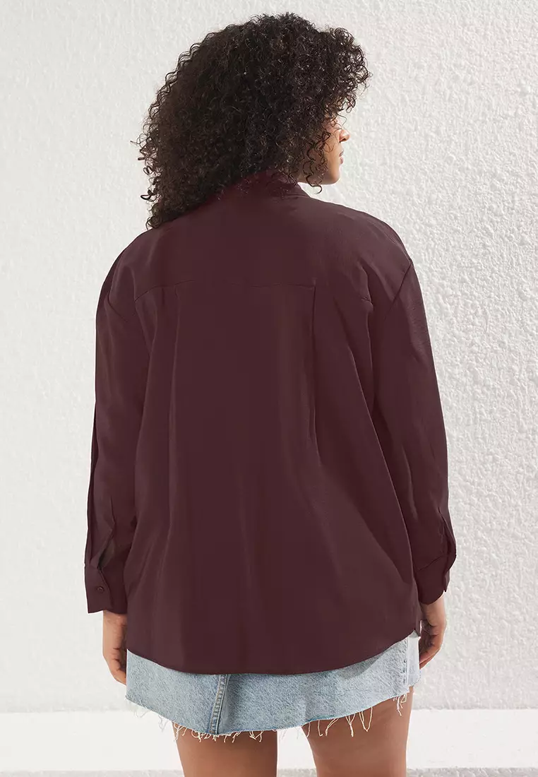 More Sustainable Brown Modal Soft Tuşe Woven Plus Size Shirt Tbbss25Ax00004