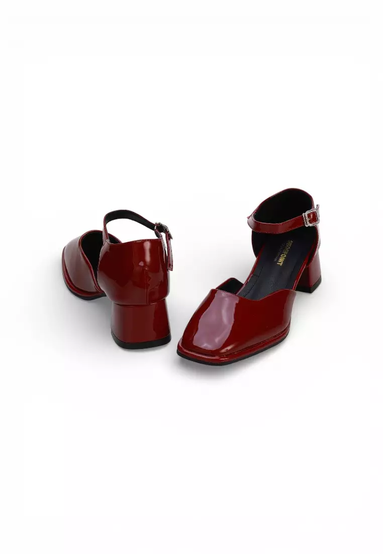 Noir Classic Ankle Strap Heels Women Low Block Patent Office Shoes 16596 in Maroon Red