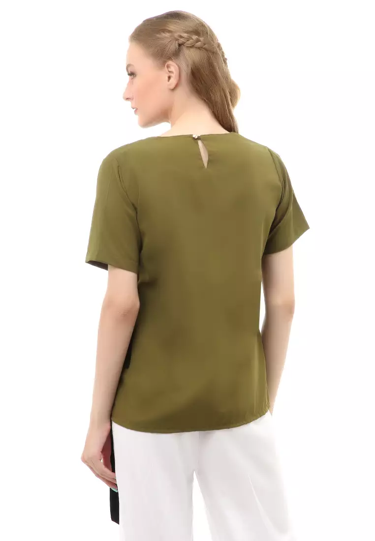 Cheva Blouse Atasan Wanita Kasual Pinggang Karet Pita Ikat Simple Material Wolfis ORIGINAL - Army Green