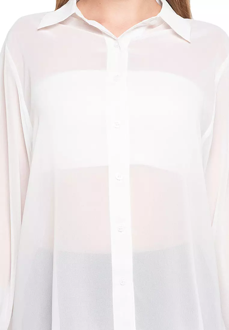 Calder Kemeja Atasan Transparan Front Button Opening Design Simple Plain Shirt Wanita - White