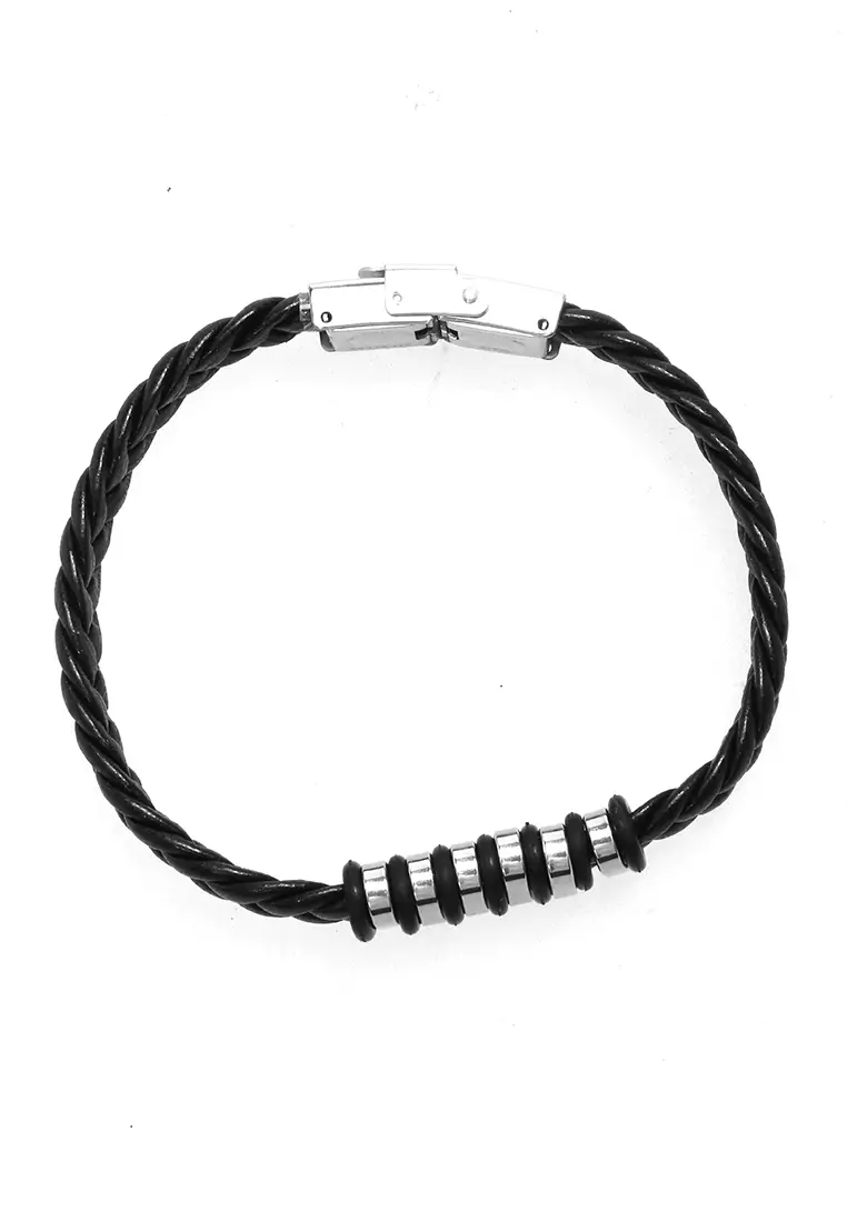 Aleda Gelang Kasual Pria Aksesoris Fashion Adjustable Strap Elegant Design Material Leather Stainless Steel ORIGINAL - Black Silver