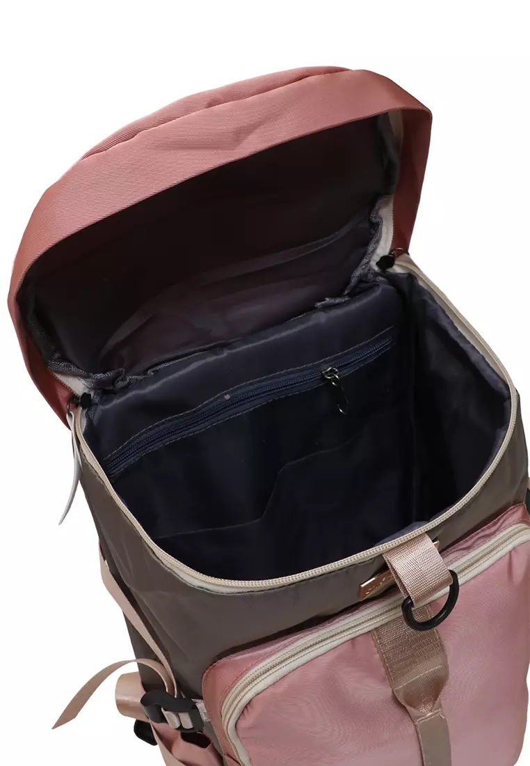 Jovin Travel Backpack Unisex with Long Strap Large Space Tas Travel Kombinasi Warna Material Nylon ORIGINAL - Pink