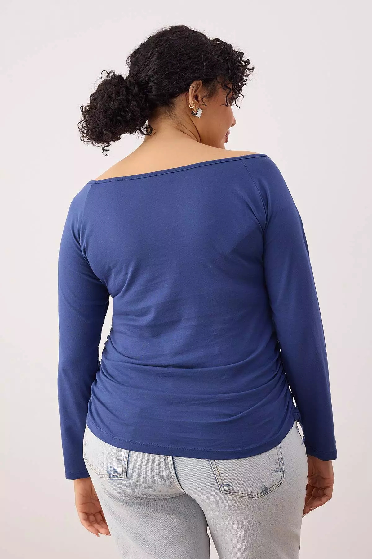 Navy Blue Open Shoulder Single Jersey Knitted Plus Size Blouse Tbbaw26Af00048