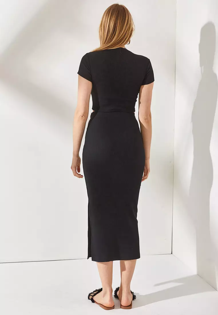 S/S Top & Midi Slit Skirt Set